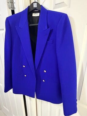 Saint Laurent Double-Breasted Blazer in Electric Blue with Gold Buttons